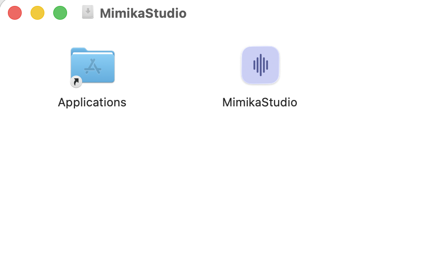 MimikaStudio DMG window with Applications shortcut