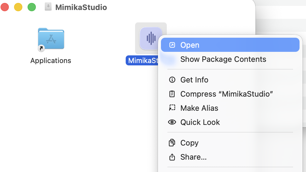 Right-click Open action for MimikaStudio in Finder