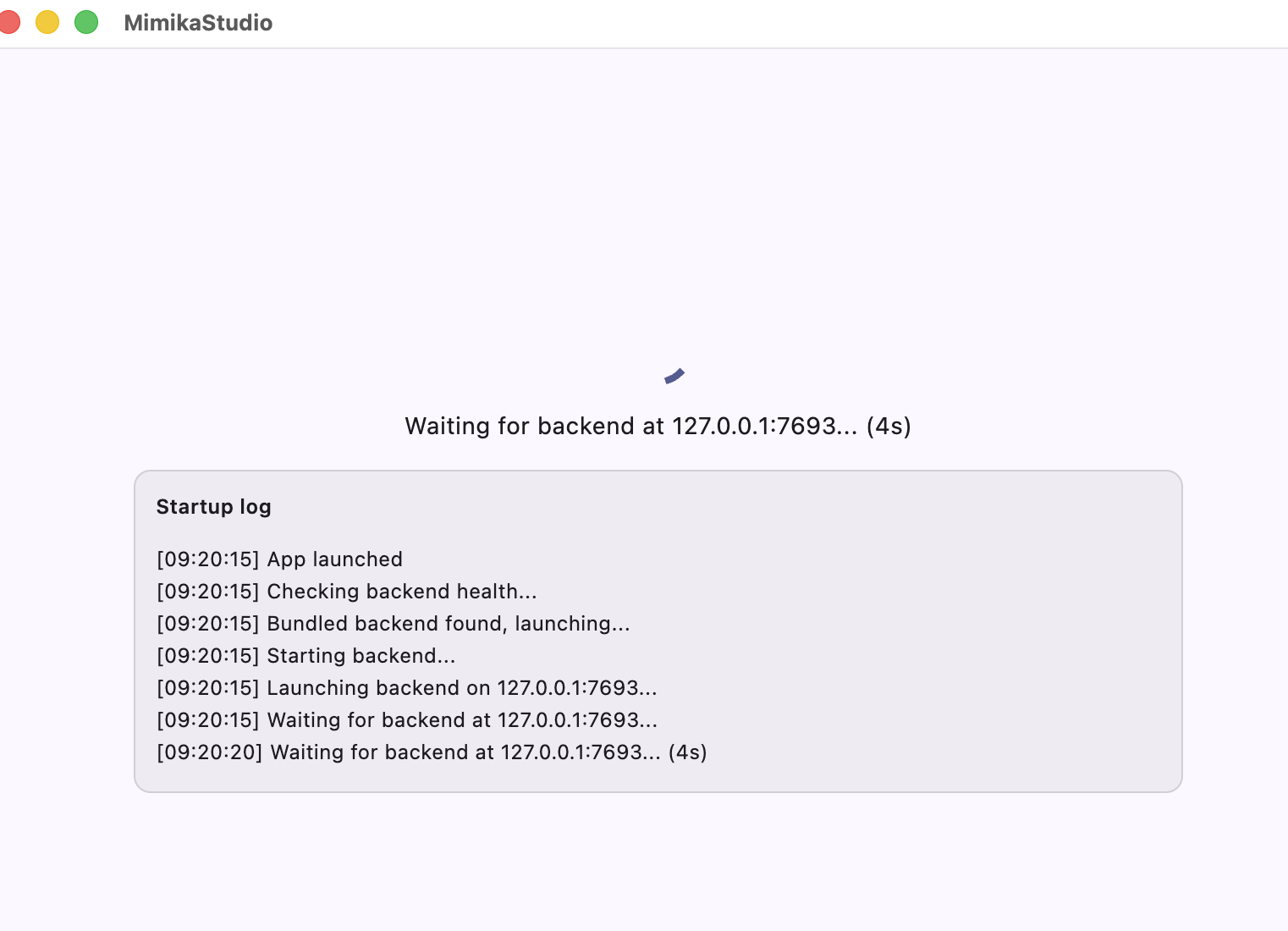 MimikaStudio startup screen waiting for bundled backend