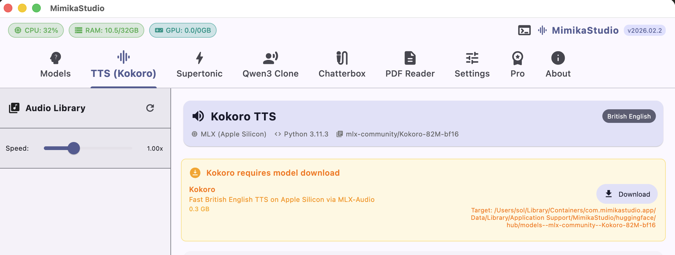 MimikaStudio first-use screen prompting model download