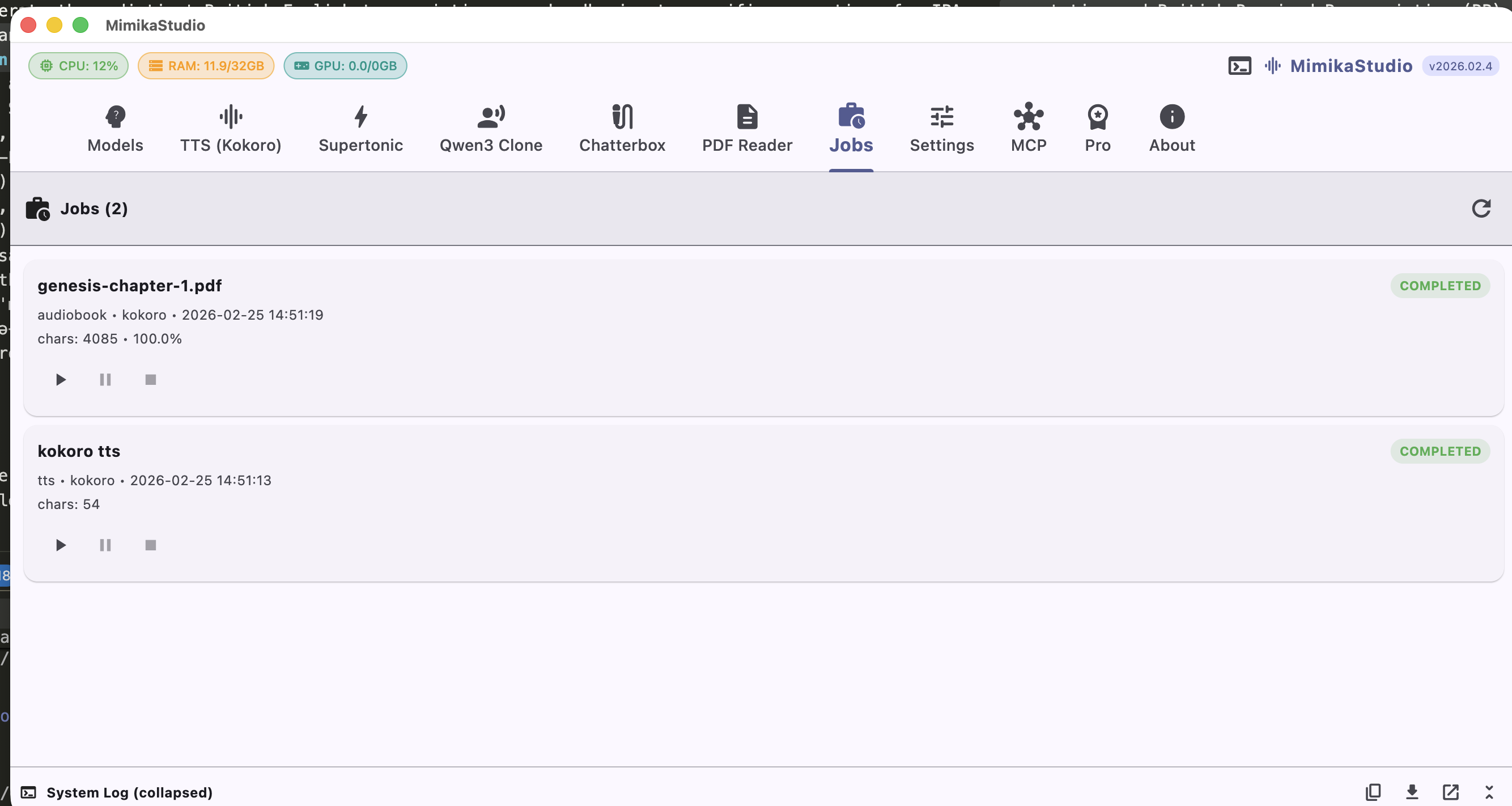 Jobs queue with completed TTS and audiobook tasks