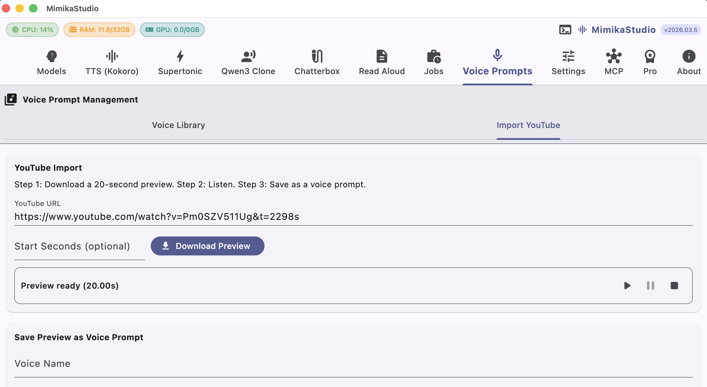 Import a voice prompt from a YouTube preview clip