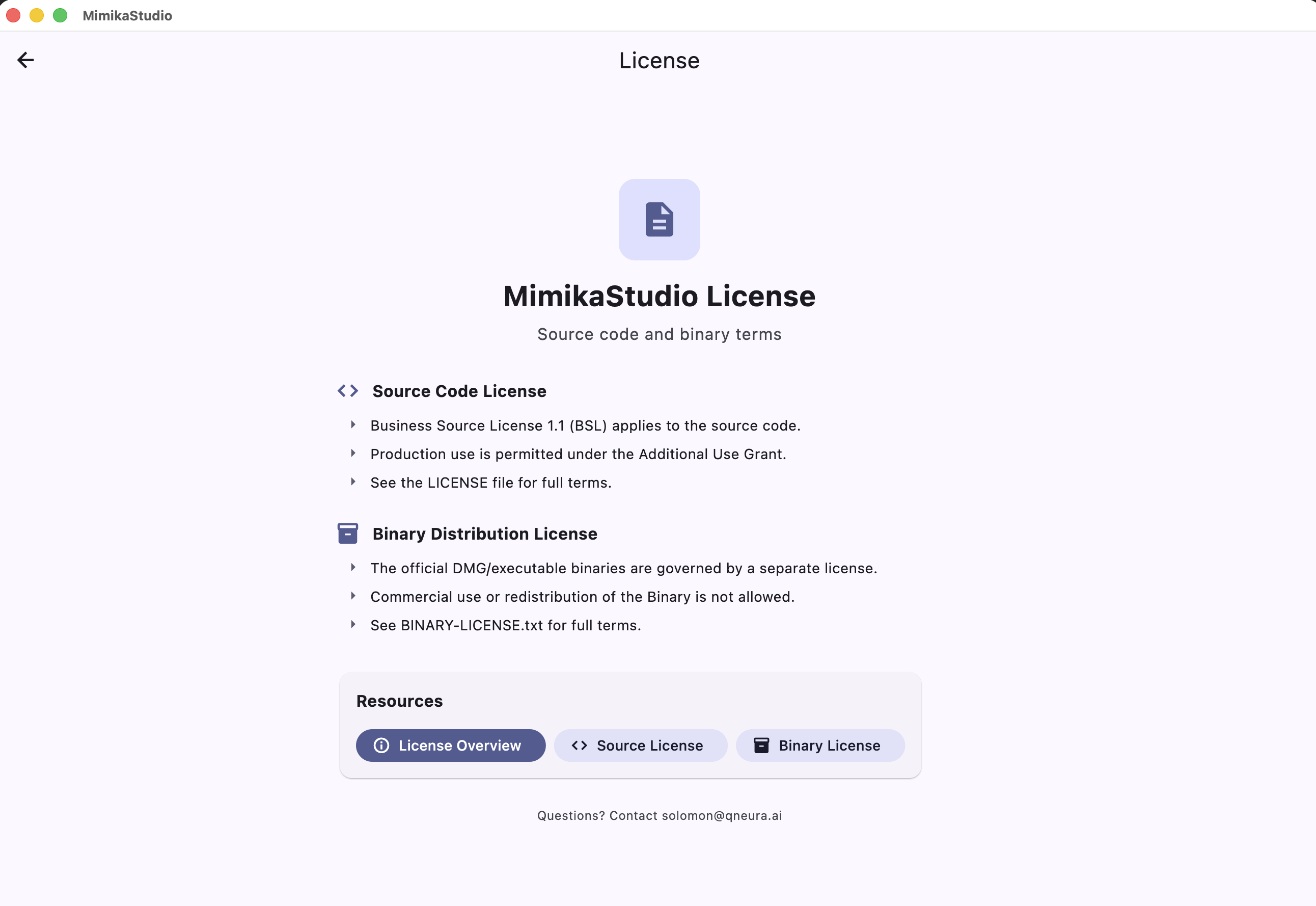 MimikaStudio license screen